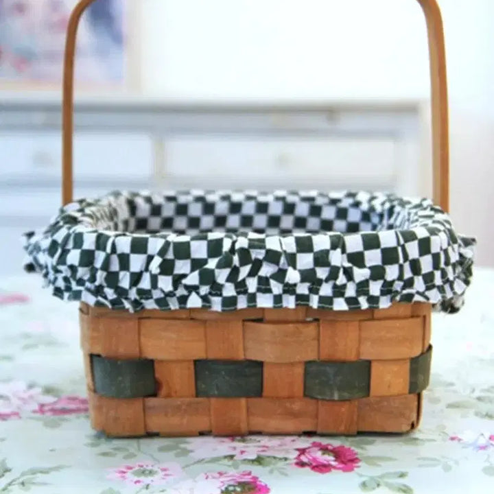 [BUNJANG] Vintage Green &amp; White Gingham Fabric Handle Basket / 빈티지 그린_화이트 깅엄체크 패브릭의 핸들 바스켓