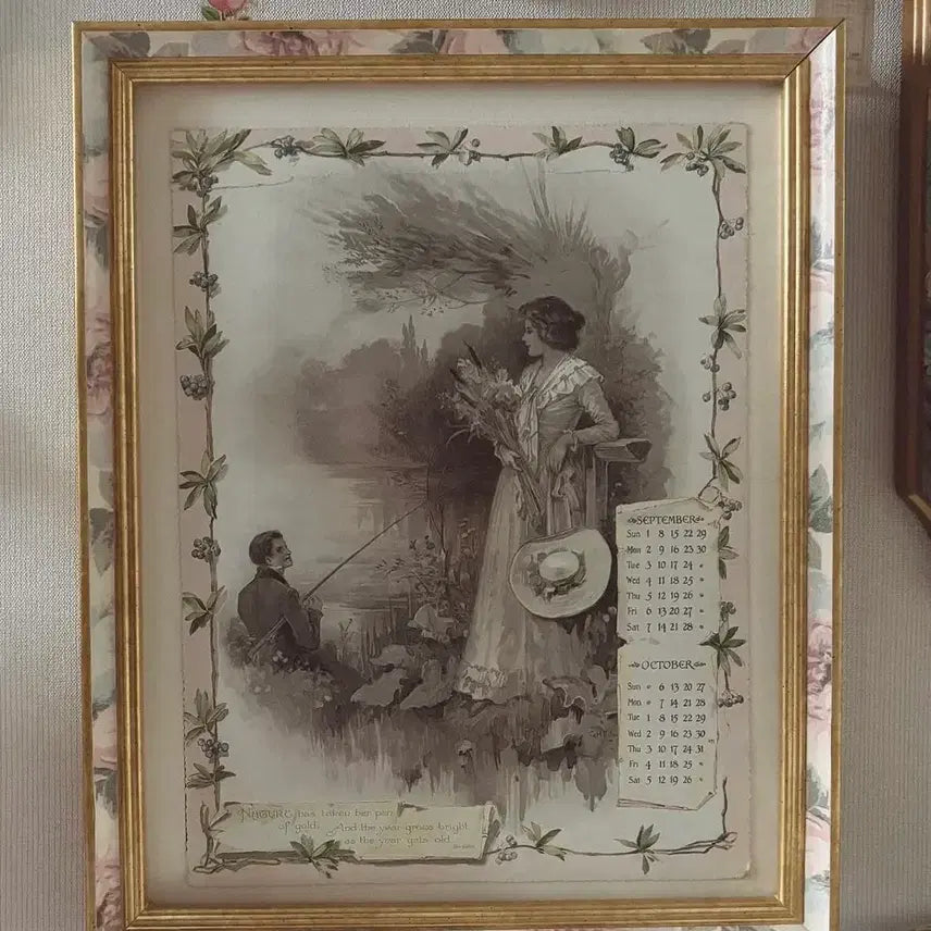 [BUNJANG] Vintage Floral Frame with Antique Paper (1890s Calendar) / 빈티지 플로럴 프레임(앤틱 지류 포함)