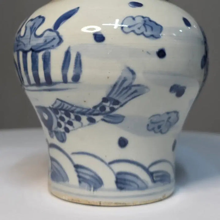 [BUNJANG] White Porcelain Celadon Vase with Fish Decoration / 백자청화어조문장군관