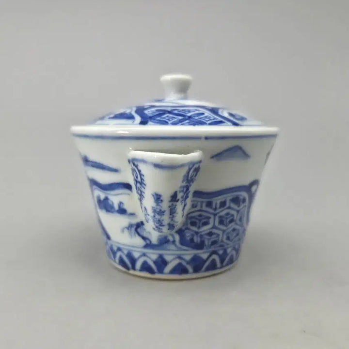 [BUNJANG] Antique Chinese Celadon Porcelain Tea Pot with Landscape and Pavilion Motif / 골동품 차도구 진품 오량대보 오상서조 구곡 청화 산수누각문 다관