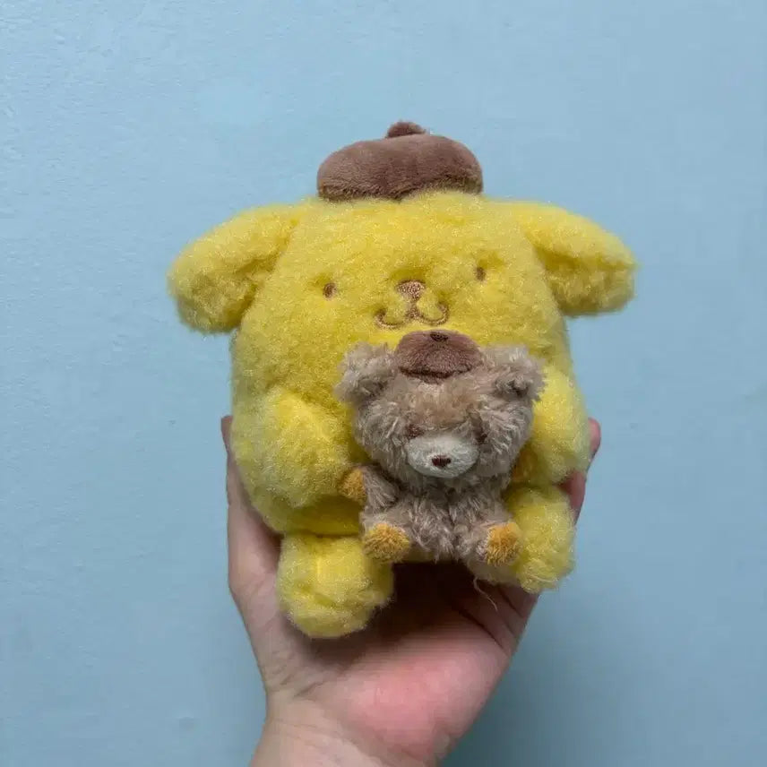 [BUNJANG] Sanrio Pompompurin Plush Doll with Teddy Bear / 뽀글재질 곰안고 있는 폼폼푸린 마스코트 인형