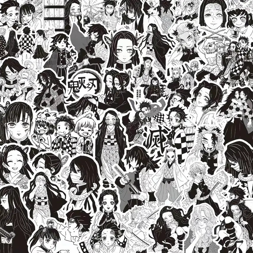 [BUNJANG] Demon Slayer Black and White Sticker Set with Case / [귀멸의칼날] 흑백스티커 70장+스티커 케이스 세트