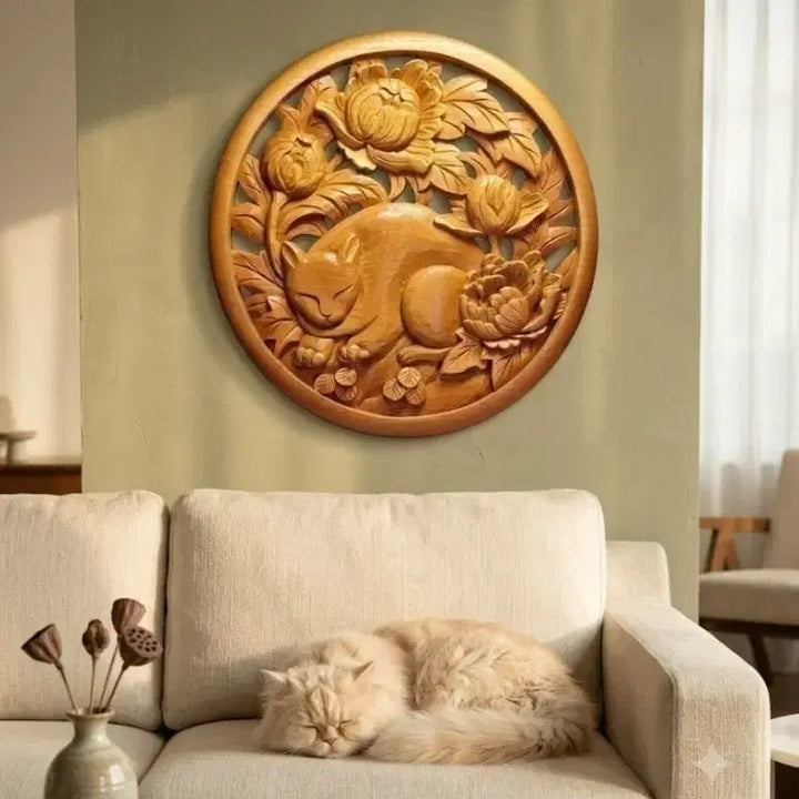 [BUNJANG] Wood Carving: Peonies and Cat (30.4cm Diameter) / 모란과 고양이 원목조각 지름 30.4cm 판매가 12만.택포