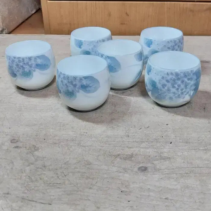 [BUNJANG] 1980s Japanese Hydrangea Celadon Tea Cups/Soup Bowls (Set of 6) / 1980 일본 수국 청화 찻잔/탕완 6개