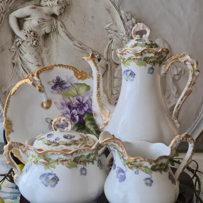 [BUNJANG] Antique French Limoges Hand-Painted Violet Pattern Coffee Set with Gold Trim / 프랑스 리모지 올드 앤틱