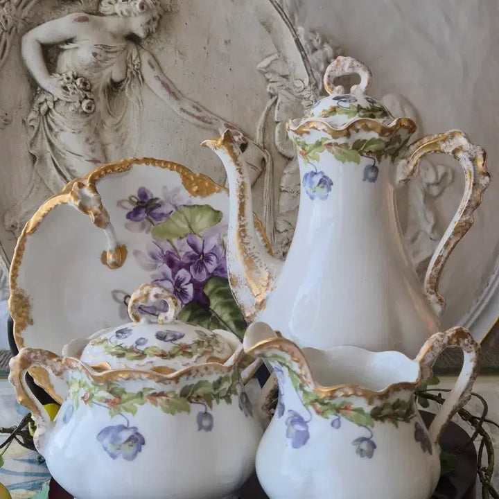 [BUNJANG] Antique French Limoges Hand-Painted Violet Pattern Coffee Set with Gold Trim / 프랑스 리모지 올드 앤틱