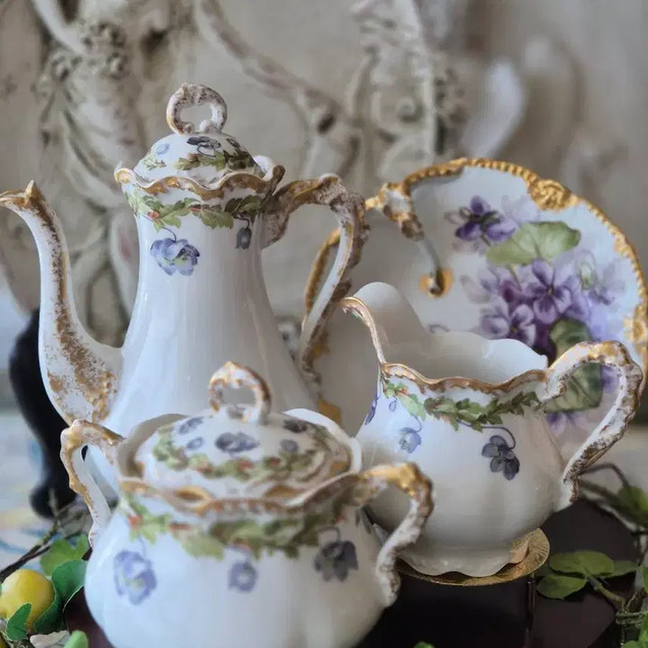 [BUNJANG] Antique French Limoges Hand-Painted Violet Pattern Coffee Set with Gold Trim / 프랑스 리모지 올드 앤틱