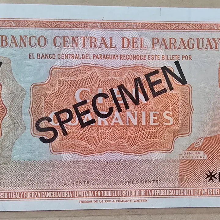 [BUNJANG] 1963 Paraguay 100 Guarani Specimen Bond - Uncirculated / 파라과이1963년 100과라니 견양권  완전미사용