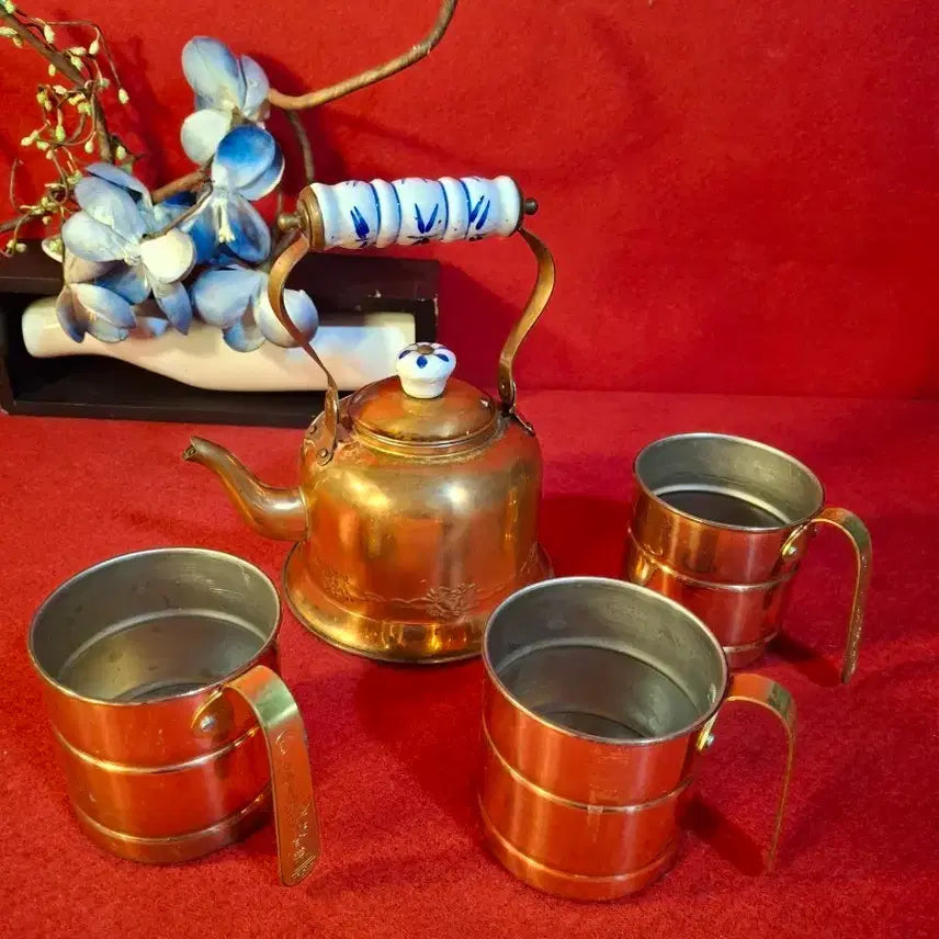 [BUNJANG] Vintage Copper Teapot and Cup Set with Blue Pattern / 빈티지 주전자와 컵 셋트