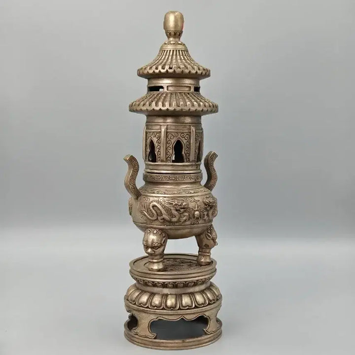 [BUNJANG] Qianlong Mark White Bronze Five-Clawed Dragon Motif Tiered Tripod Censer Chinese Antique Art / 건륭년제 백동제 오조용문 누각형 삼족 향로 중국 골동품 고미술품 수집품