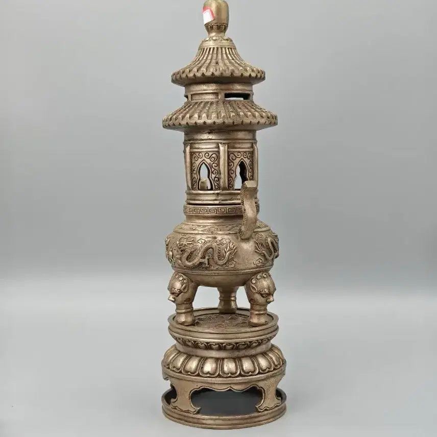 [BUNJANG] Qianlong Mark White Bronze Five-Clawed Dragon Motif Tiered Tripod Censer Chinese Antique Art / 건륭년제 백동제 오조용문 누각형 삼족 향로 중국 골동품 고미술품 수집품