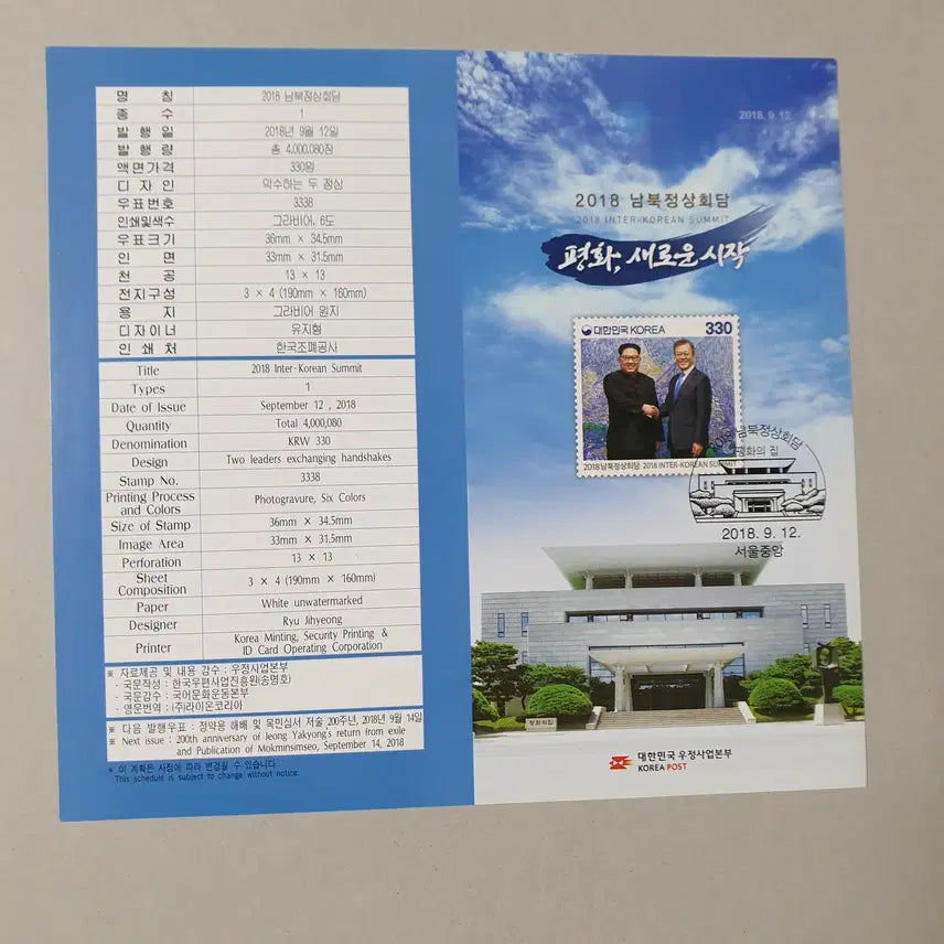[BUNJANG] 2018 Inter-Korean Summit Commemorative Stamp Set (Moon Jae-in / Kim Jong-un) / 2018 남북정상회담 기념 우표(문재인/김정은)
