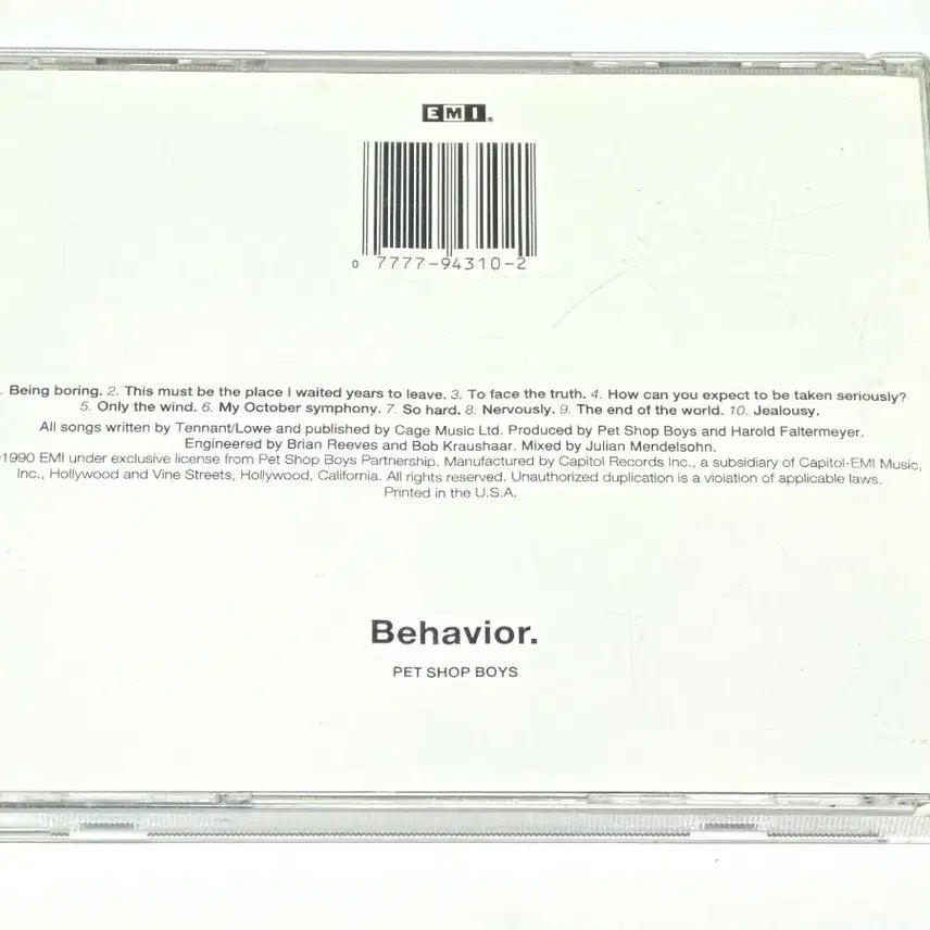 [BUNJANG] Pet Shop Boys Behavior (1990 US CD) / 펫 샵 보이즈 (Pet Shop Boys) - Behavior (1990 US반)