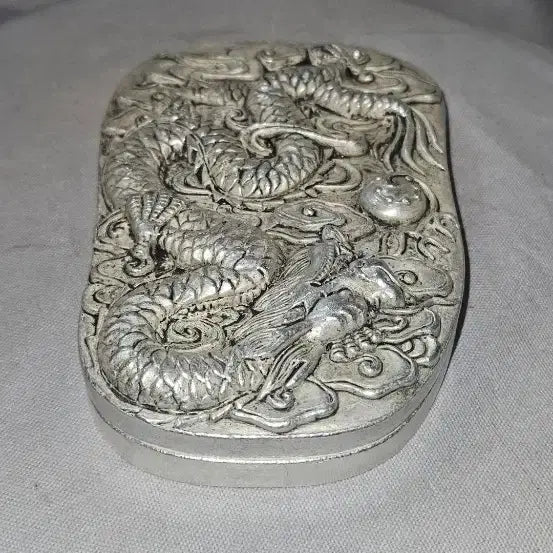 [BUNJANG] Antique Dragon and Phoenix Metal Inkstone (951g) / 운룡희주문 고부조 백동 추정 금속 벼루,951g 묵직한 문방공예품