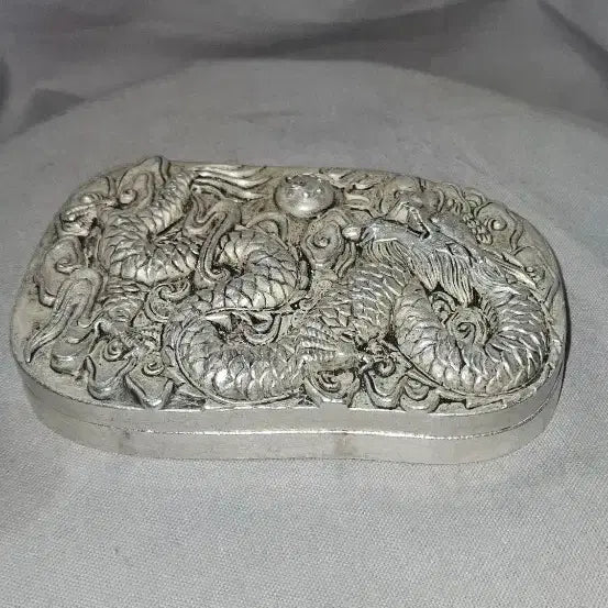 [BUNJANG] Antique Dragon and Phoenix Metal Inkstone (951g) / 운룡희주문 고부조 백동 추정 금속 벼루,951g 묵직한 문방공예품