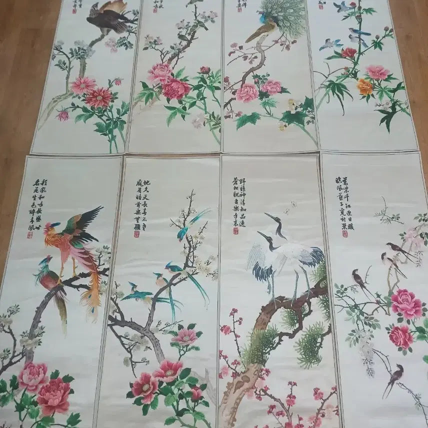 [BUNJANG] Korean Folk Art 8-Panel Folding Screen with Embroidered Birds and Flowers / 40.근대사 수집품 8폭병풍 화조도 손자수 새 그림 병풍