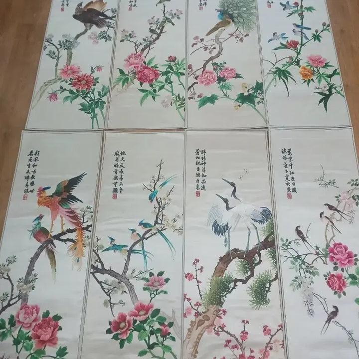[BUNJANG] Korean Folk Art 8-Panel Folding Screen with Embroidered Birds and Flowers / 40.근대사 수집품 8폭병풍 화조도 손자수 새 그림 병풍