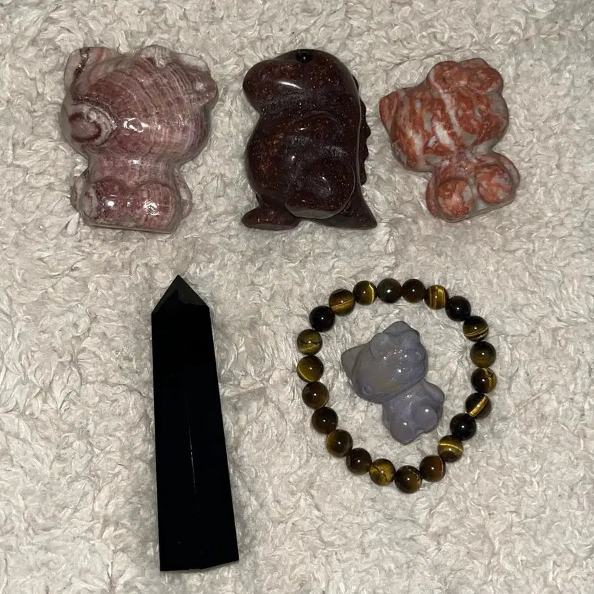 [BUNJANG] Set Natural Gemstone Strawberry Quartz Ocean Jasper Tiger Eye Carving Tower Bracelet / (세트) 천연원석 스트로베리 쿼츠 딸기수정 오션재스퍼 호안석 카빙 타워 팔찌