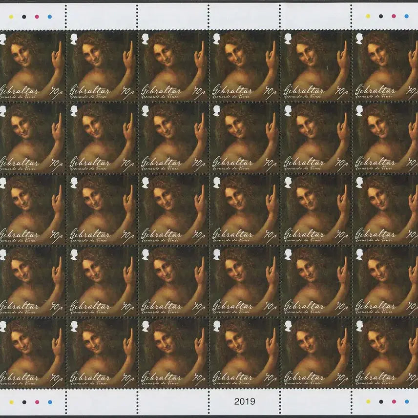 [BUNJANG] Gibraltar Leonardo da Vinci Death 500th Anniversary 4v Complete Sheet (2019) - Mona Lisa, The Last Supper &amp; Art Works / 지브롤타 레오나르도 다빈치 사망500주년 4종완 전지(2019년)[모나리자,최후의만찬등 ART작품]