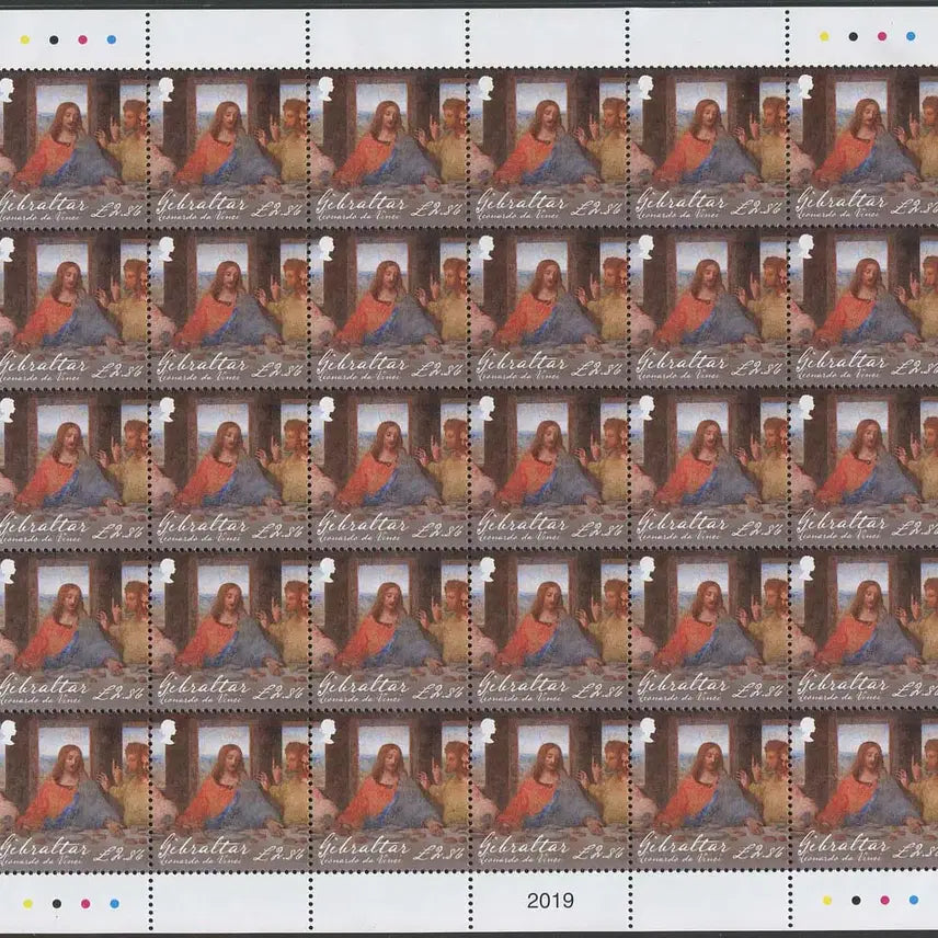 [BUNJANG] Gibraltar Leonardo da Vinci Death 500th Anniversary 4v Complete Sheet (2019) - Mona Lisa, The Last Supper &amp; Art Works / 지브롤타 레오나르도 다빈치 사망500주년 4종완 전지(2019년)[모나리자,최후의만찬등 ART작품]