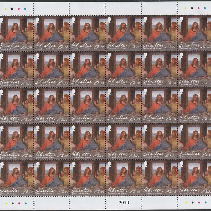 [BUNJANG] Gibraltar Leonardo da Vinci Death 500th Anniversary 4v Complete Sheet (2019) - Mona Lisa, The Last Supper &amp; Art Works / 지브롤타 레오나르도 다빈치 사망500주년 4종완 전지(2019년)[모나리자,최후의만찬등 ART작품]