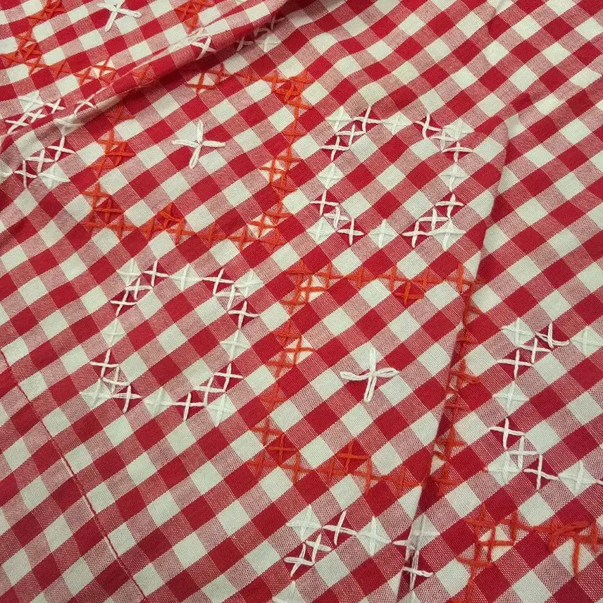 [BUNJANG] Vintage Red Checkered Apron with Hand Embroidery / 빈티지 레드 체크 앞치마