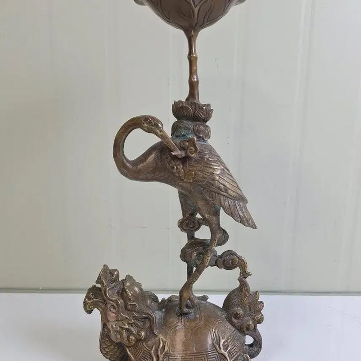 [BUNJANG] Large Bronze Turtle, Dragon, Crane, and Lotus Candle Holder / 취미 수집품 동 브론즈 거북이 용 학 연꽃 대형 대형