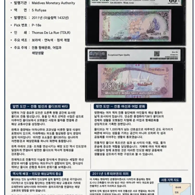 [BUNJANG] Maldives 5 Rufiyaa 2011 Banknote PMG 66 EPQ / <희귀품> 몰디브 5 루피야 2011년 지폐 66 EPQ