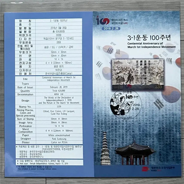 [BUNJANG] March 1st Movement 100th Anniversary Commemorative Stamp (Full Sheet + Information Card) / 3.1운동 100주년 기념우표 (전지+안내카드 구성): 1919년 대한 독립 만세의 외침을 담은 기록