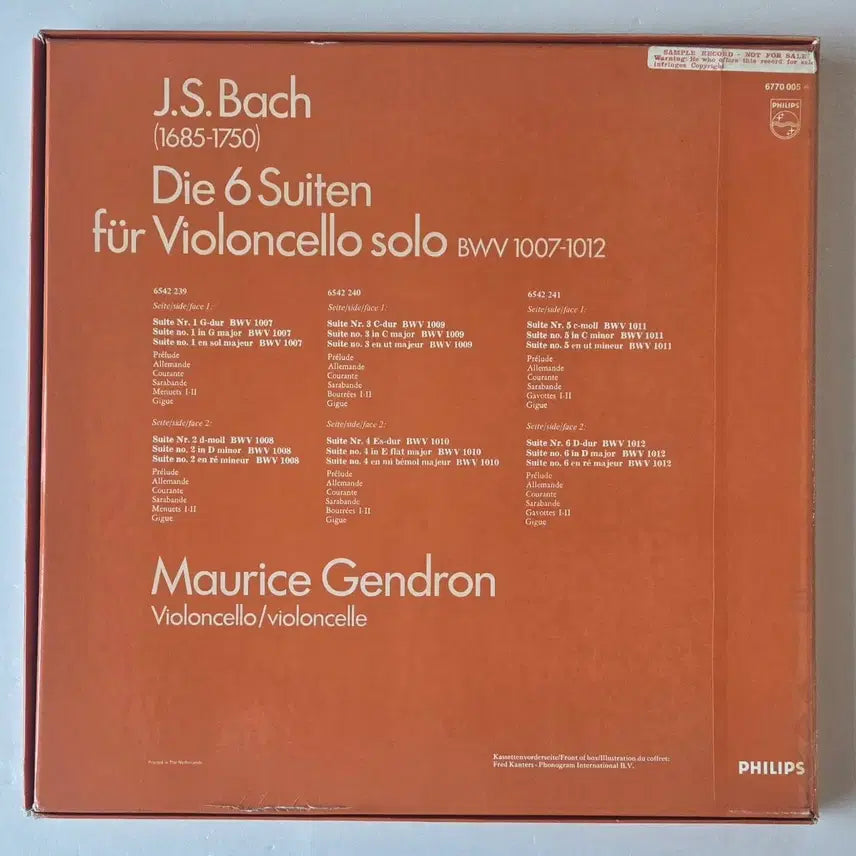[BUNJANG] Maurice Gendron Bach Cello Suites Complete 3LP Box Set (Philips Holland Reissue SAMPLE PROMO) / 모리스 장드롱 - 바흐 무반주 첼로 전곡 3LP BOX ( Philips Holland 재반 SAMPLE 프로모션반 )