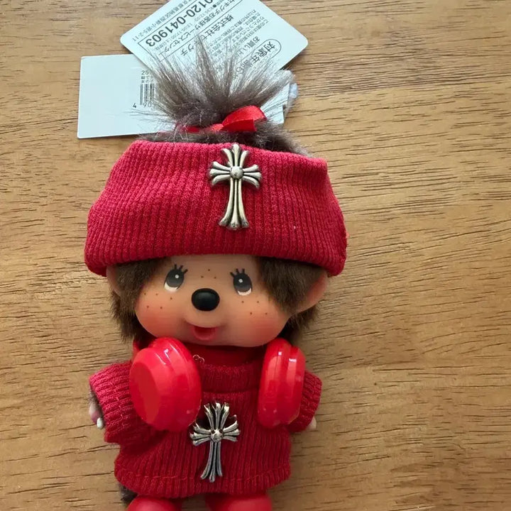 [BUNJANG] Monchhichi Red Outfit Cross Charm Plush Doll / 몬치치