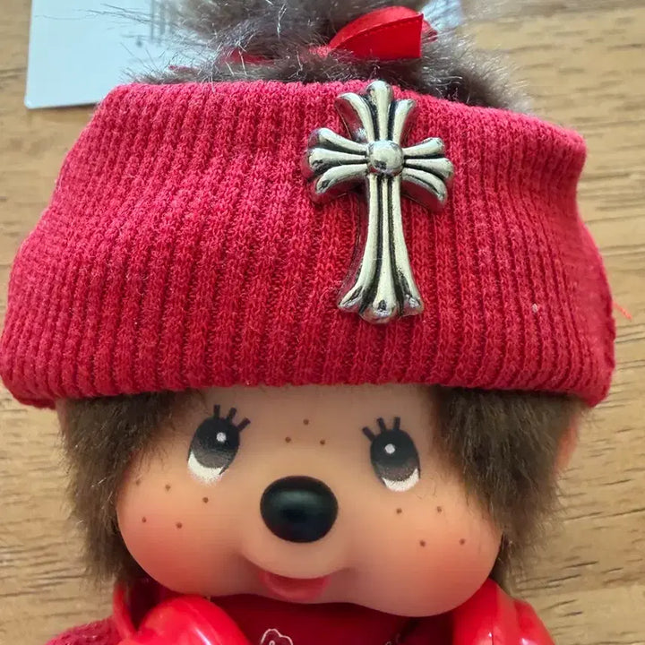 [BUNJANG] Monchhichi Red Outfit Cross Charm Plush Doll / 몬치치