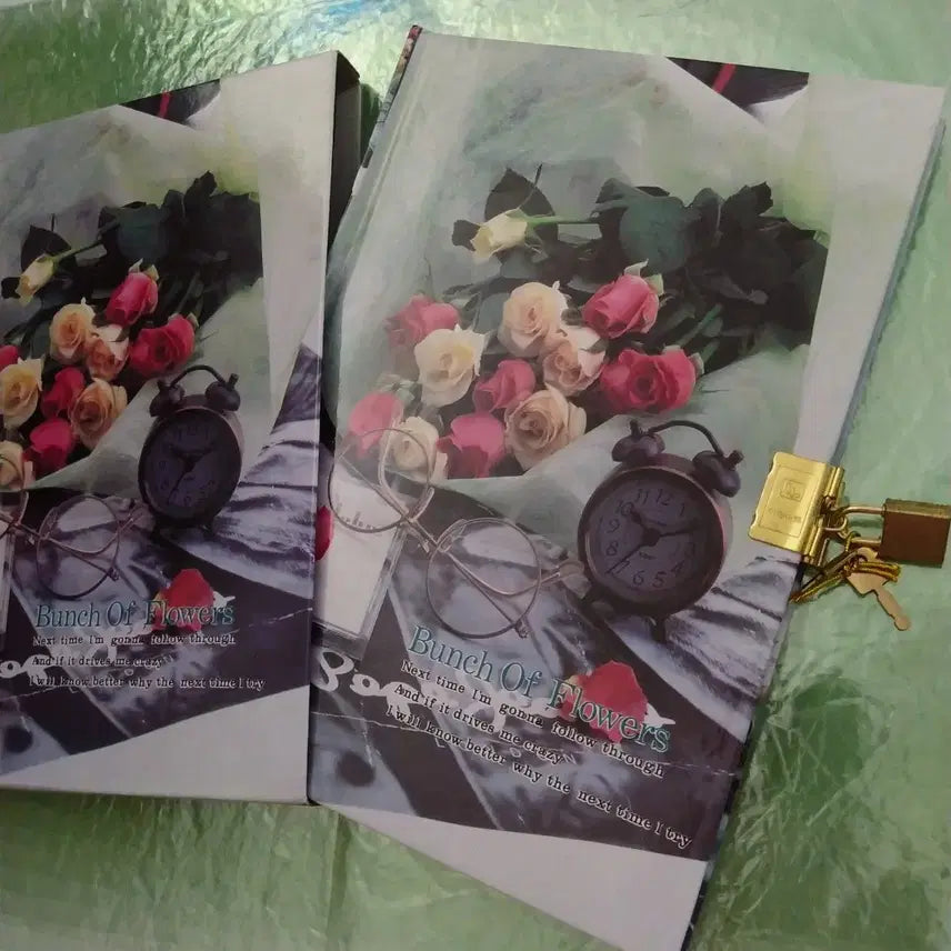 [BUNJANG] Retro Flower Key Diary with Lock / 레트로 플라워 열쇠 다이어리 / 옛날 비밀 일기장 고전 시화집 빈티지 문구 장미 인테리어 소품