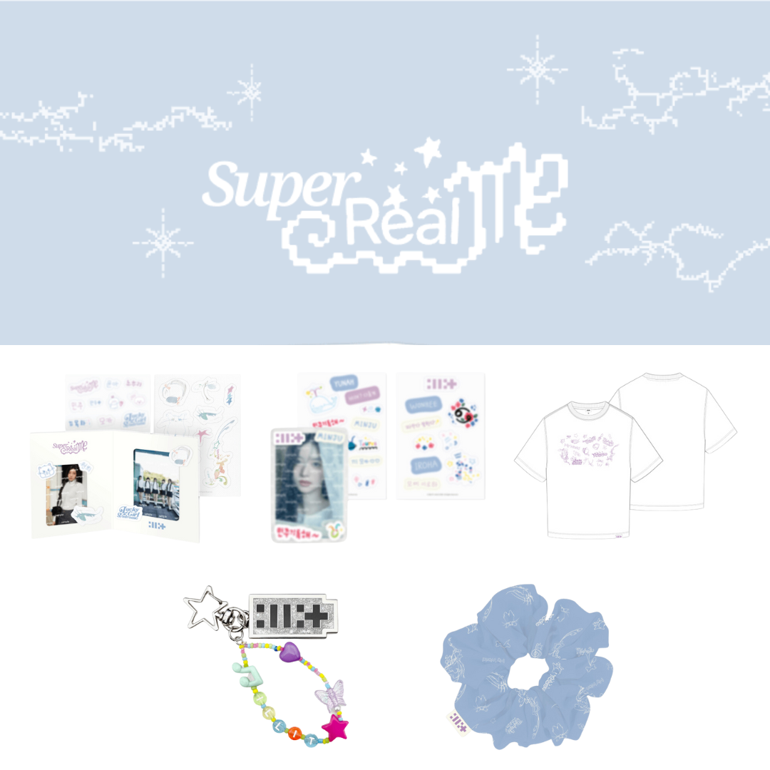 ILLIT - "Super Real Me" Official MD (Photo Stand Set, Photo Deco Set, Keyring, Hair Scrunchie, S/S T-Shirt) - HALLYUSUPERSTORE